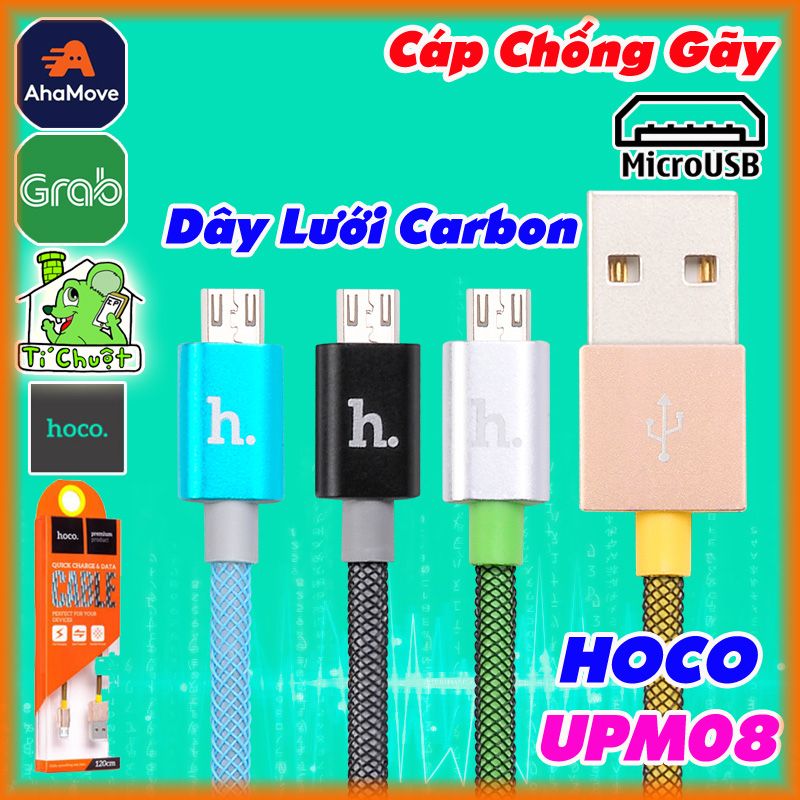 Cáp HOCO UPM08 Micro USB Chống Gãy Quấn Lưới Carbon Đầu Bọc Nhôm