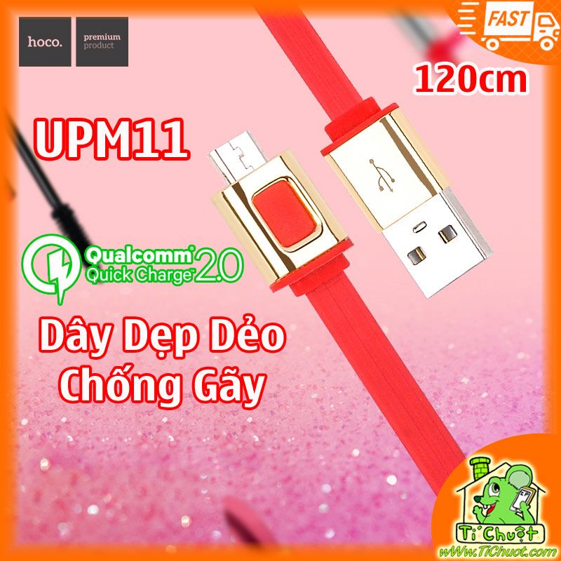 Cáp HOCO UPM11 Micro USB Chống Gãy Dây Dẹp Dẻo Đầu Xi Sáng Bóng