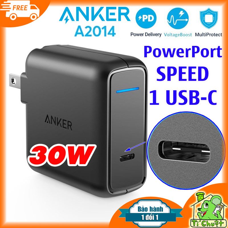 Củ Sạc Nhanh Anker PD 30W PowerPort SPEED 1 USB-C ZIN Chính Hãng