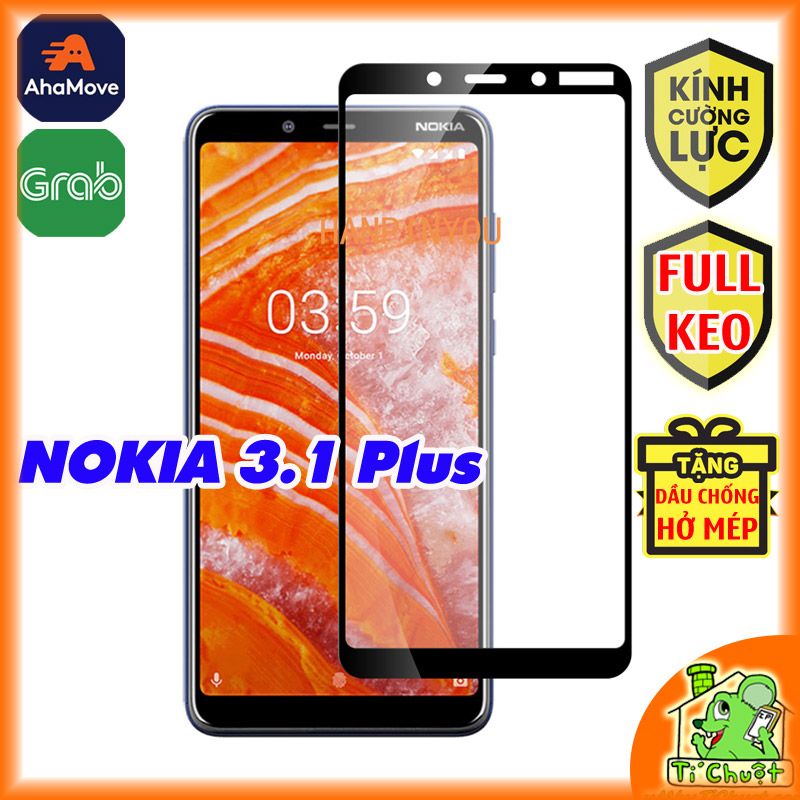 Kính CL Nokia 3.1 Plus FULL Màn, FULL KEO Silicon