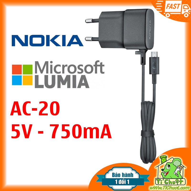 Sạc Nokia AC-20 5V-750mA Dây Liền Dài 1.5m ZIN Chính Hãng 105/ 110/ 215/ 8210 4G