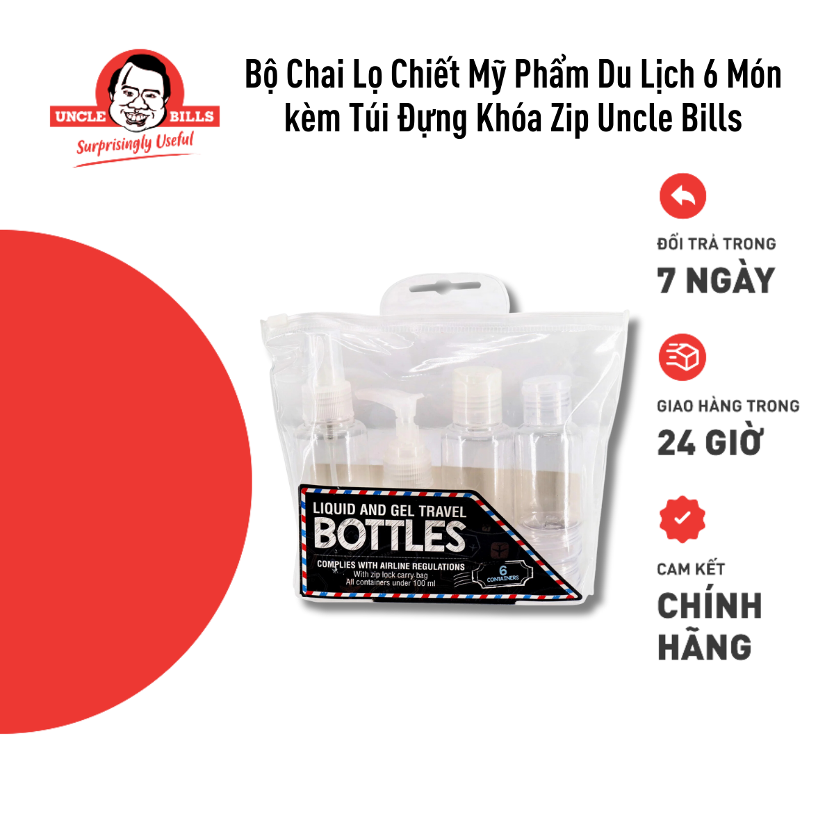 Bộ Chai Lọ Chiết Mỹ Phẩm Du Lịch 6 Món kèm Túi Đựng Khóa Zip Uncle Bills AG0258