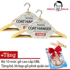 Bộ 10 móc gỗ quần áo UBL tặng 36 kẹp gỗ phơi quần áo đa năng