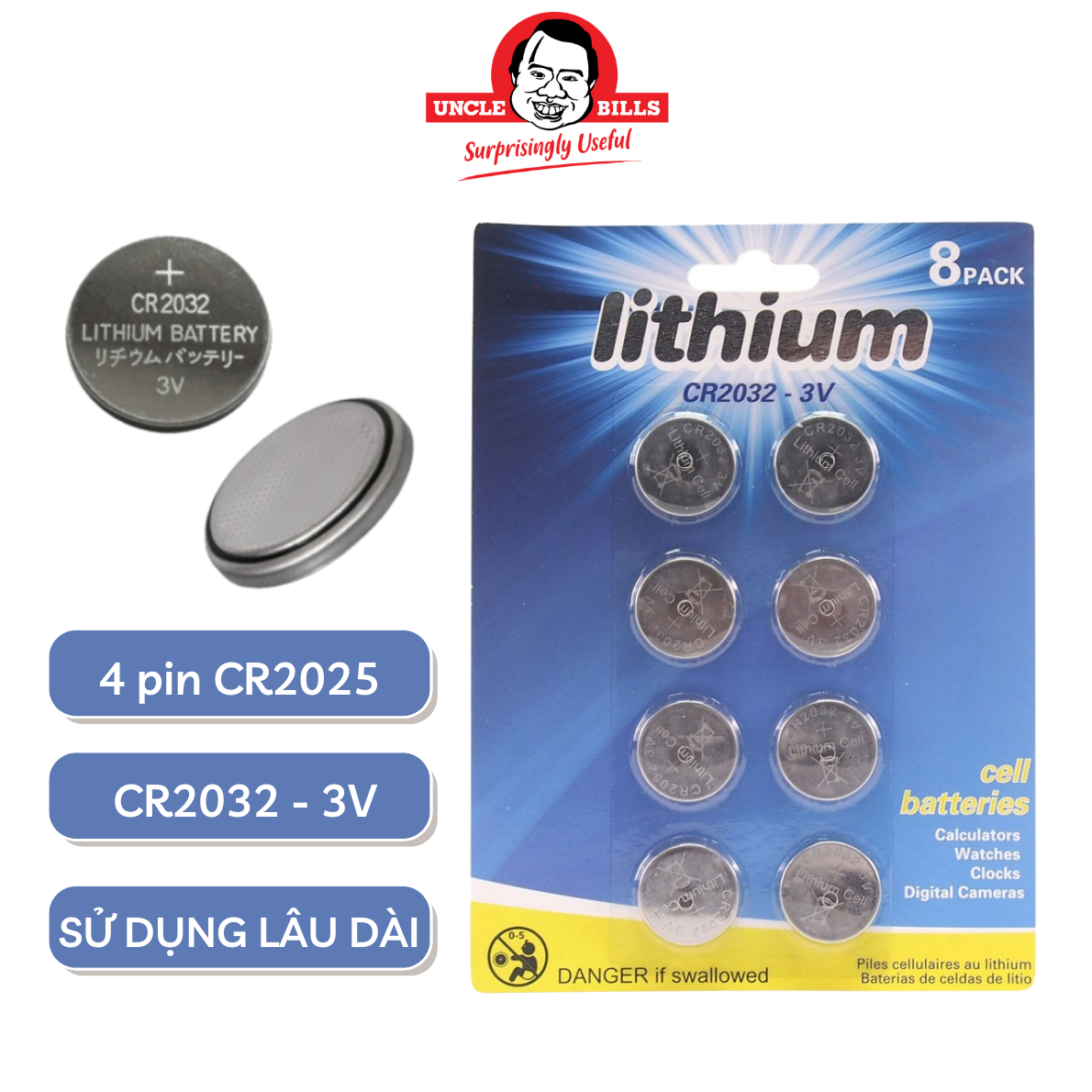 Pin Lithium CR2032 Điện Thế 3V Uncle Bills IB0082 (8 Pin/Bộ)