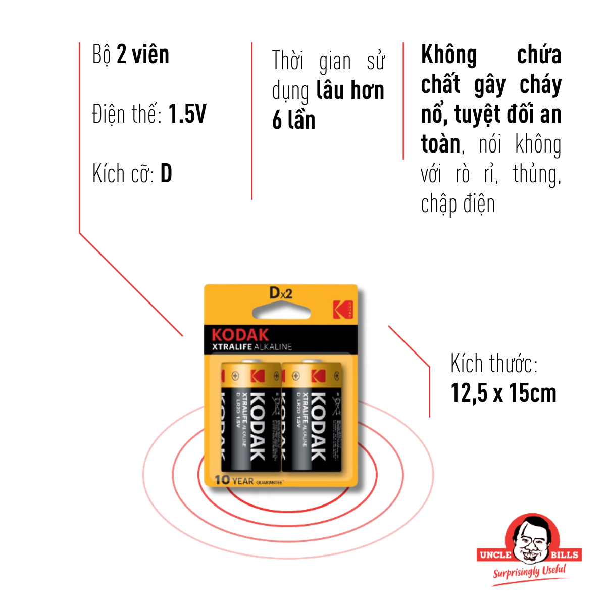 Bộ 2 pin đại Kodak Alkaline D điện thế 1.5V Uncle Bills IB0161