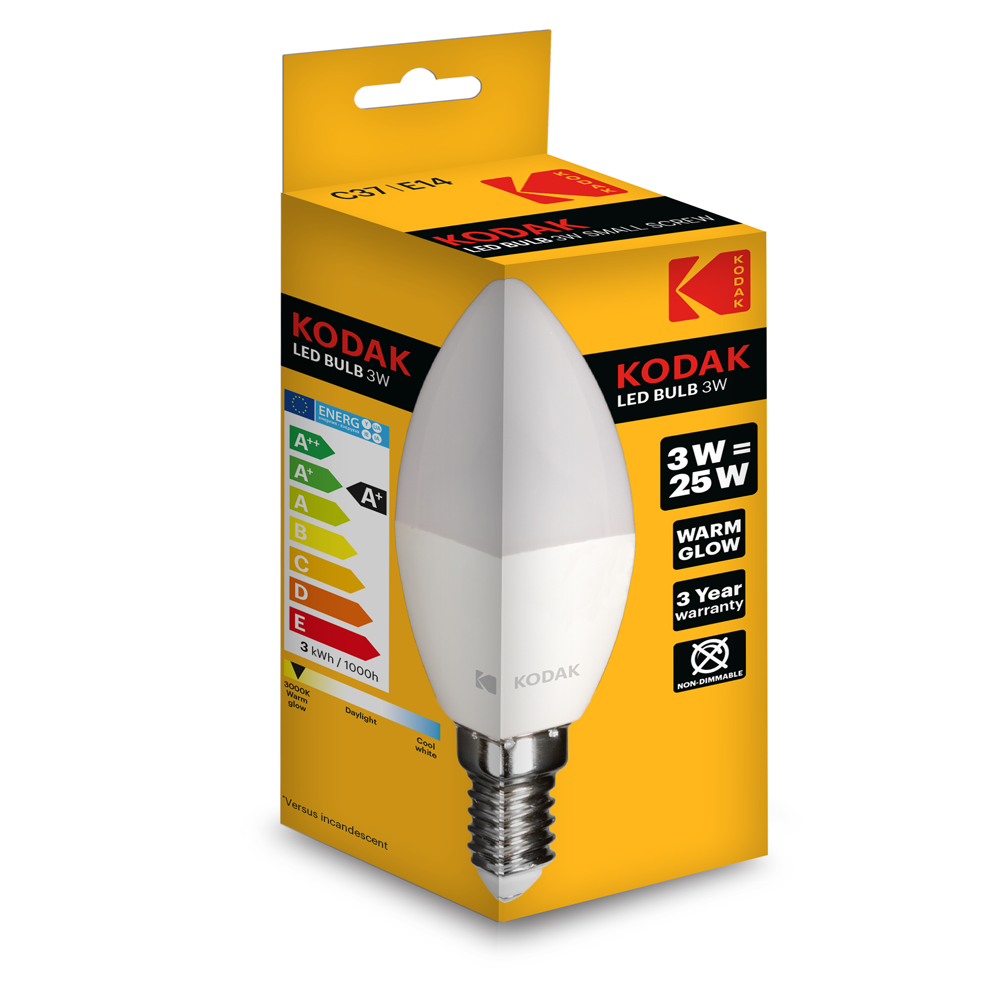 Bóng Đèn Nến Kodak Led Bulb 3W/25W C37  E14 Ánh Sáng Ấm(Vàng) UBL IL0324