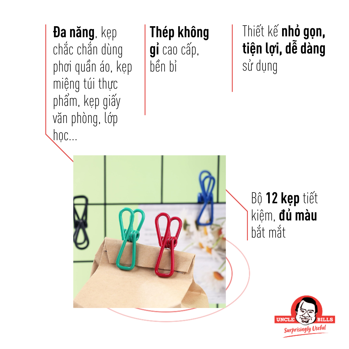 Bộ 12 Kẹp Túi Snack Bằng Thép Uncle Bills KA0870