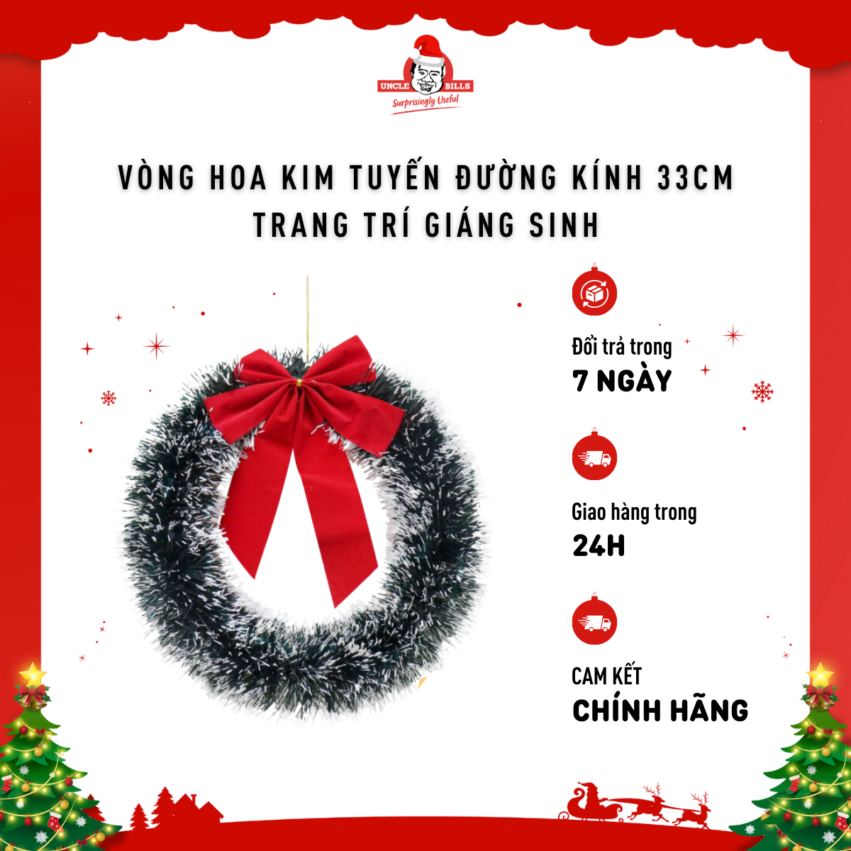 Vòng hoa kim tuyến đường kính 33cm trang trí Giáng Sinh Uncle Bills XA5743