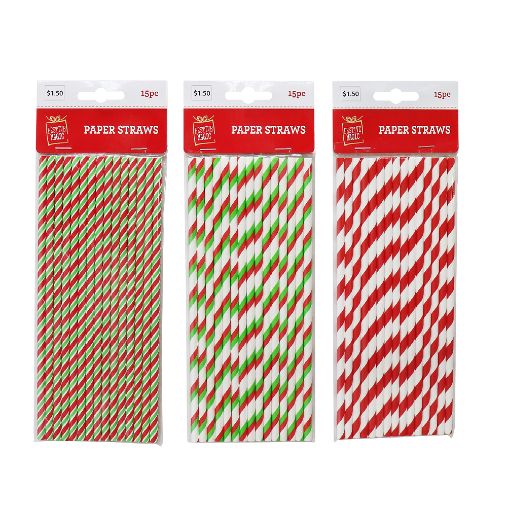 PAPER STRAWS W/CANDY STRIPES 15pc 3asst Uncle Bills XB4488