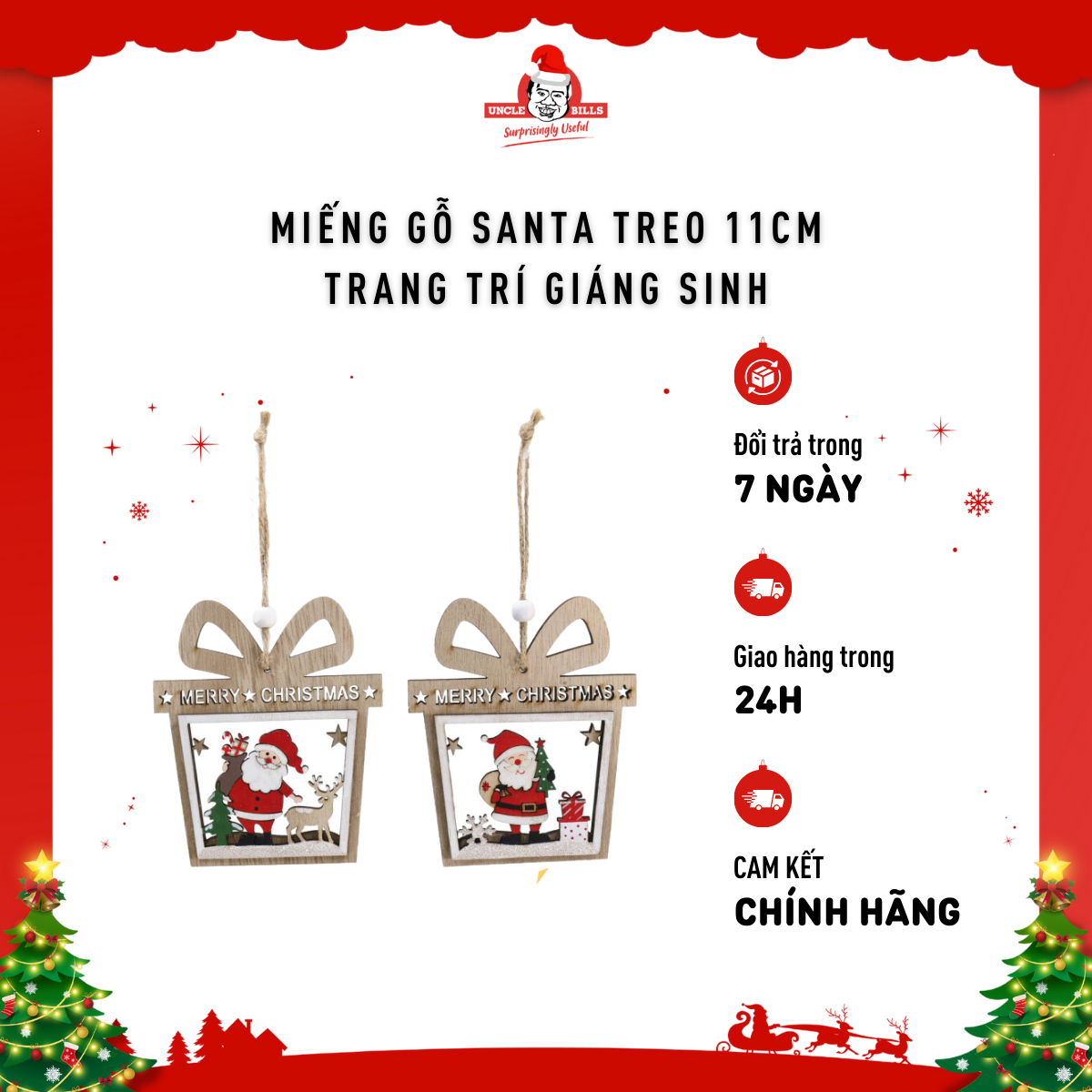 Miếng gỗ hình ông già Noel treo trang trí Giáng Sinh 11cm Uncle Bills XM4128