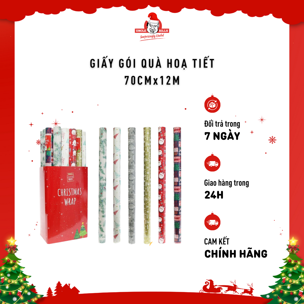 Giấy gói quà họa tiết 70cmx12m Giáng Sinh Uncle Bills XP0092