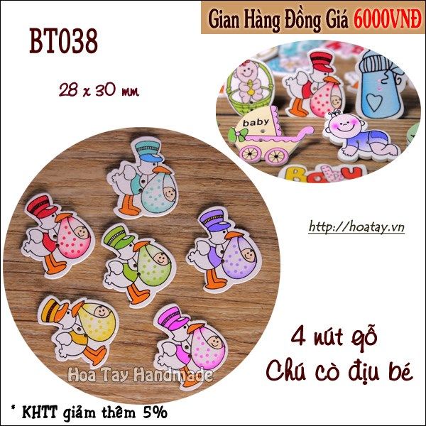 Nút gỗ trang trí Chú Cò Địu Bé BT038