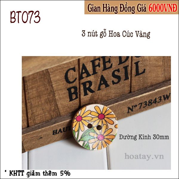 Nút áo gỗ 3cm hình Hoa Cúc Vàng BT073 - Nút trạng trí túi ví, nón mũ