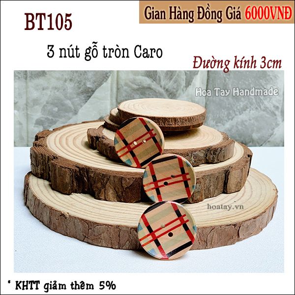 Nút áo gỗ tròn 3cm Caro BT105 - Nút trang trí túi ví, nón mũ