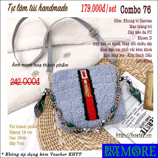 Combo 76 - Tự làm túi handmade kiểu túi vuông, dây đeo phối vải sang trọng, Bộ nguyên liệu đầy đủ.