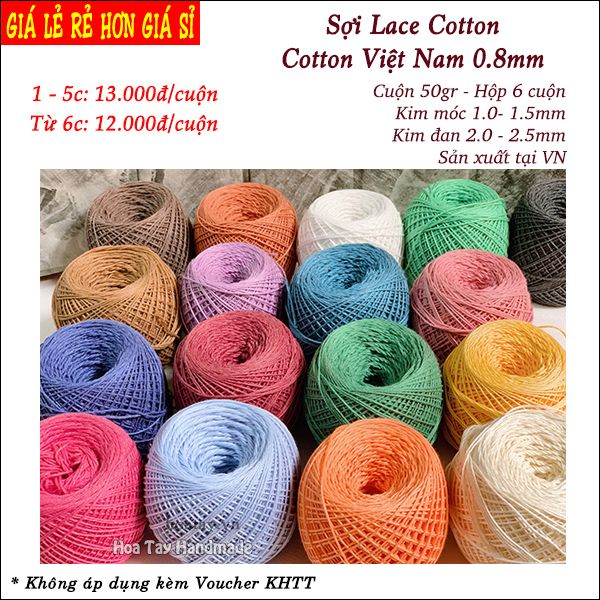 Sợi Lace Cotton - Cotton Việt Nam 0.8mm - Sợi Cotton đan móc áo, đầm