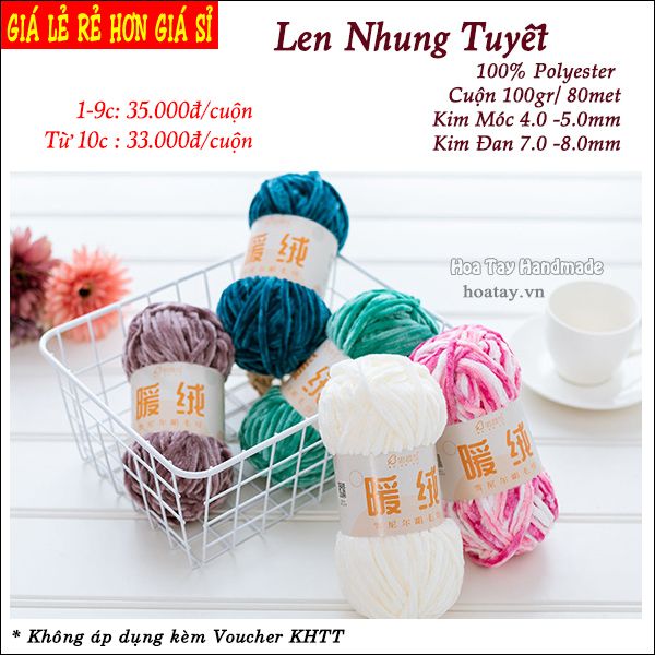 Len Nhung Tuyết mềm mịn, dễ đan móc, dùng đan móc thú bông, áo ấm, chăn, thảm len...