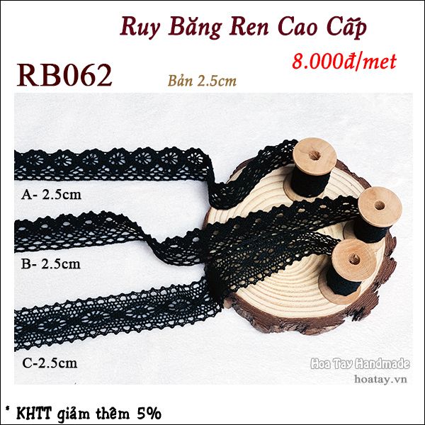 Ruy Băng Ren cao cấp trang trí nón, mũ thủ công màu đen bản 2.5cm RB062