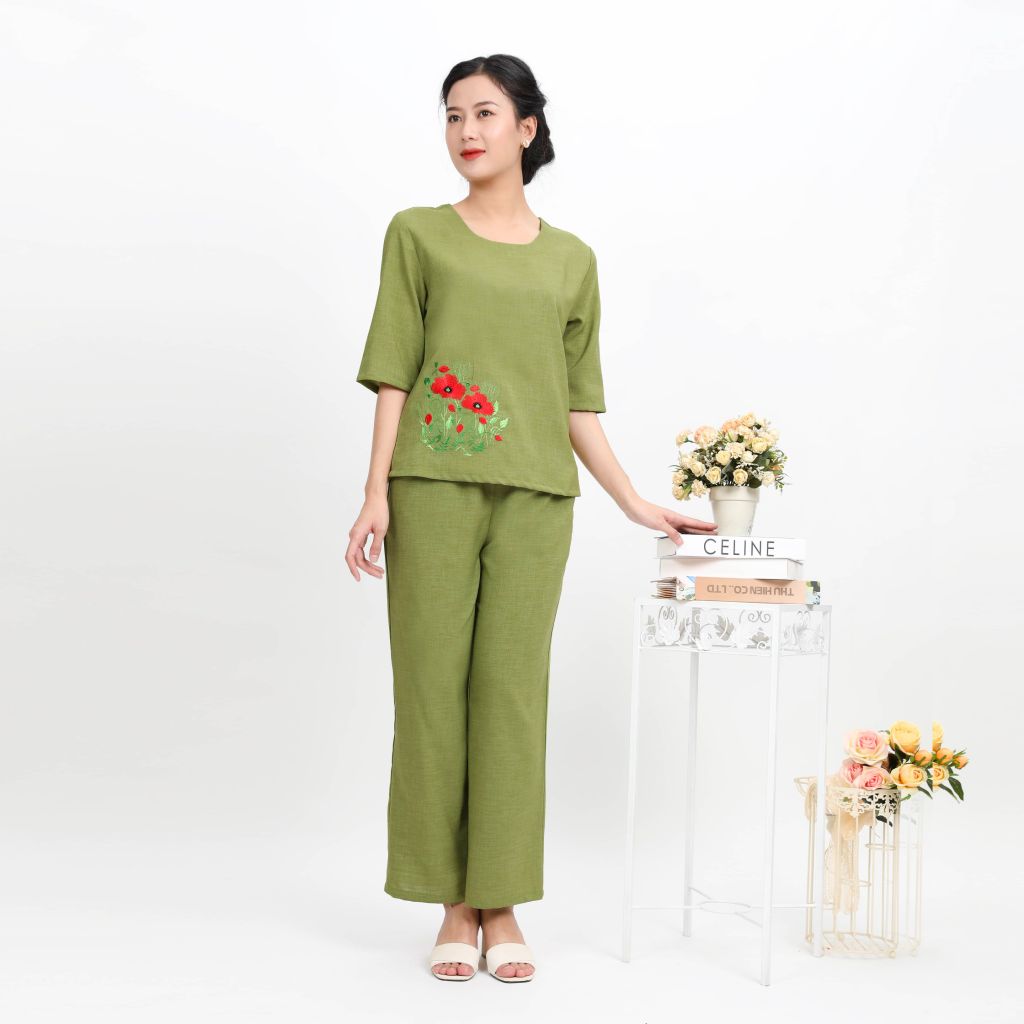 Đồ Bộ Nữ Mặc Nhà Kiểu Quần Dài Tay Lỡ Linen 383p 3359