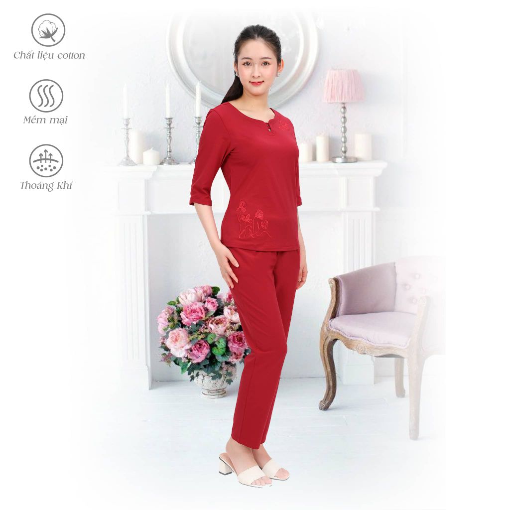 Đồ bộ mặc nhà nữ kiểu quần dài tay lỡ cotton 193p 3334