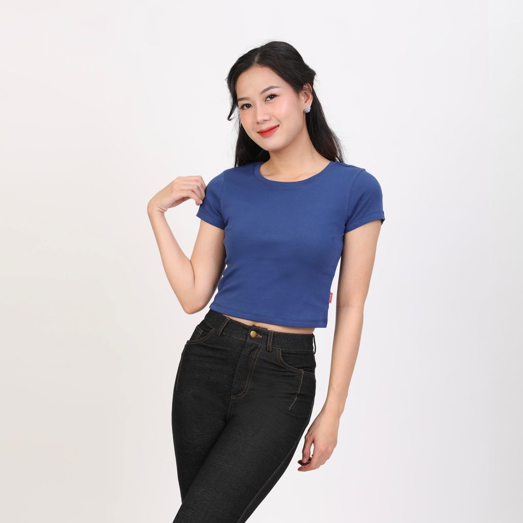 Áo Thun croptop Tay Ngắn Cổ Tròn Rib Cotton 220p 0265