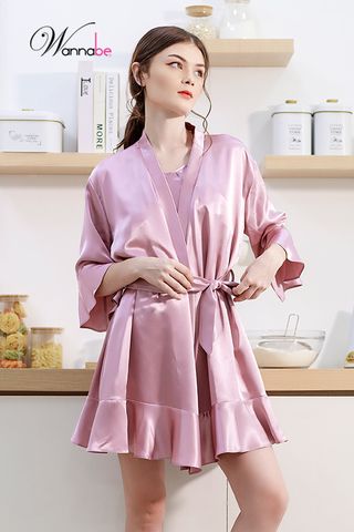 Áo choàng ngủ phi lụa kimono cao cấp Wannabe KIS22 tay loe phối bèo tùng nhẹ nữ tính xinh xắn