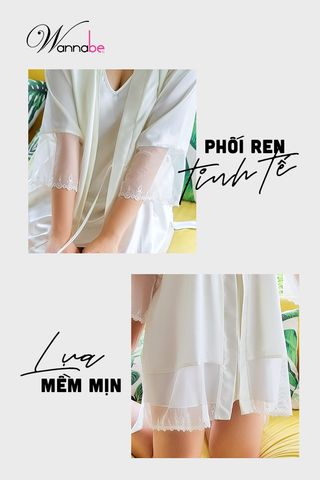 Áo choàng ngủ phi lụa WANNABE KIS06 áo khoác kimono lai áo, lai tay phối ren xinh xắn nữ tính sang trọng