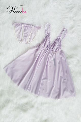 Đầm ngủ sexy WANNABE DNC07 váy ngủ lưới trong suốt xuyên thấu 2 dây vai nhúng bèo nữ tính, gợi cảm