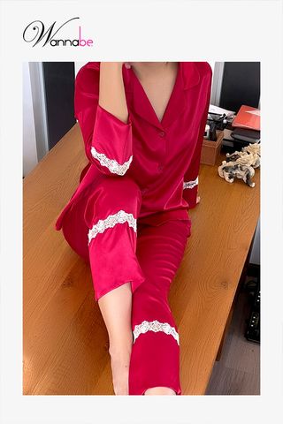 Đồ bộ mặc nhà Pijama nữ WANNABE BDS12 đồ bộ quần dài tay dài phối ren nhỏ ở lai sang trọng