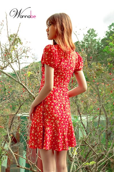 Váy hoa nhí thiết kế cao cấp Wannabe, đầm lụa DC006 tay cột nơ 2 kiểu xinh xắn 11