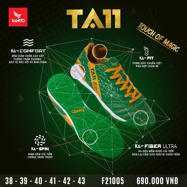 GIÀY ĐÁ BÓNG KAMITO TA11 TF TOUCH OF MAGIC - GREEN/GOLD