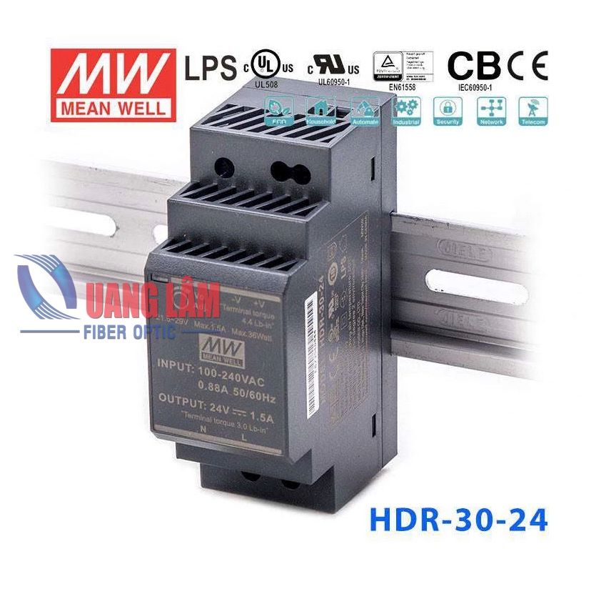 Bộ đổi nguồn điện công nghiệp HDR-30-24 AC220V - DC24V 36W 1.5A gắn thanh DIN Rail - Meanwell