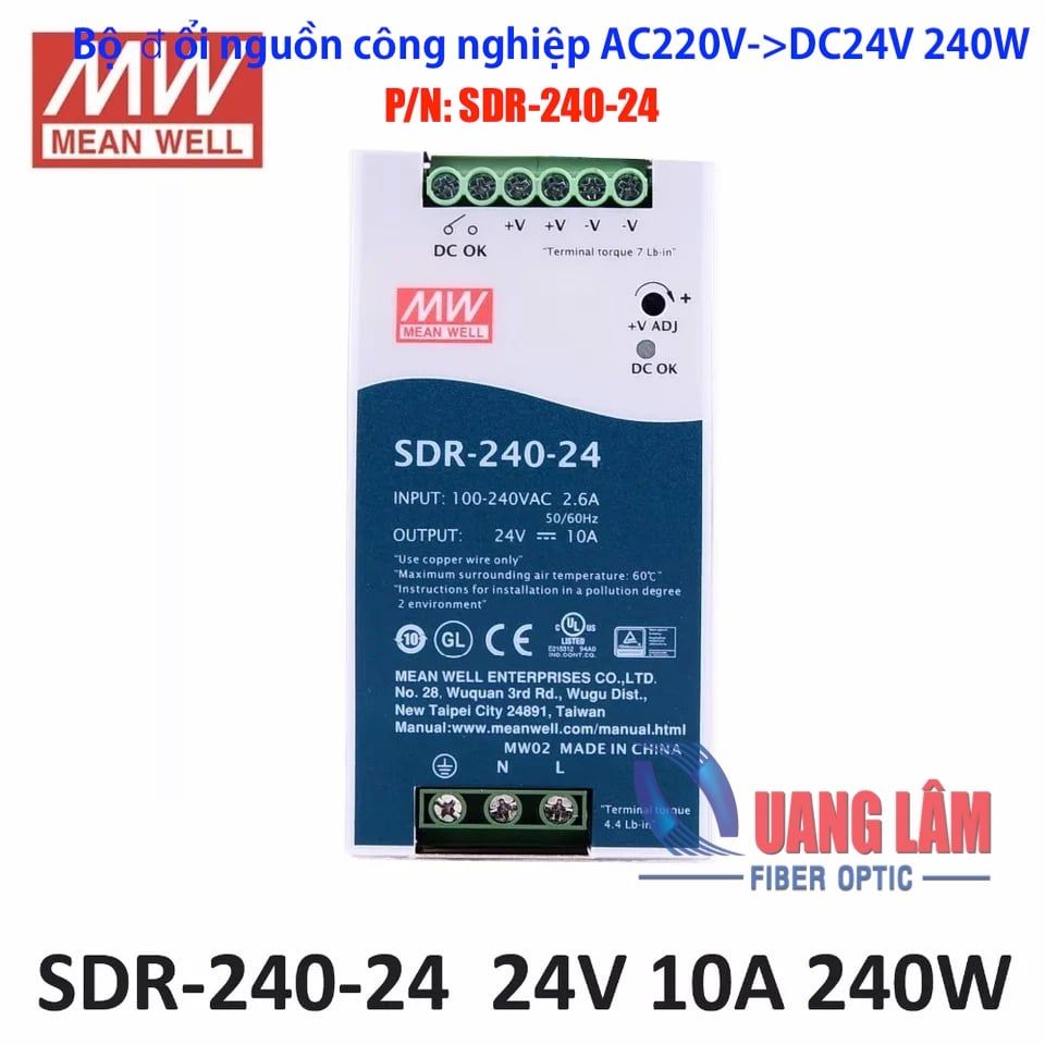 SDR-240-24 Bộ đổi nguồn điện chuẩn công nghiệp DIN Rail AC220V->DC24V 240W 10A