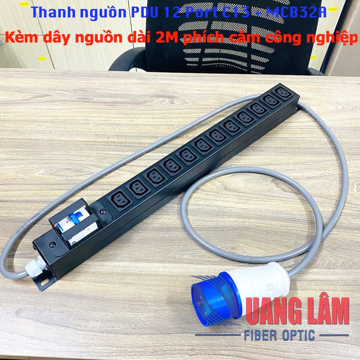 Thanh nguồn PDU 12 Port C13 - MCB32A - Kèm dây nguồn dài 2M gắn phích cắm công nghiệp