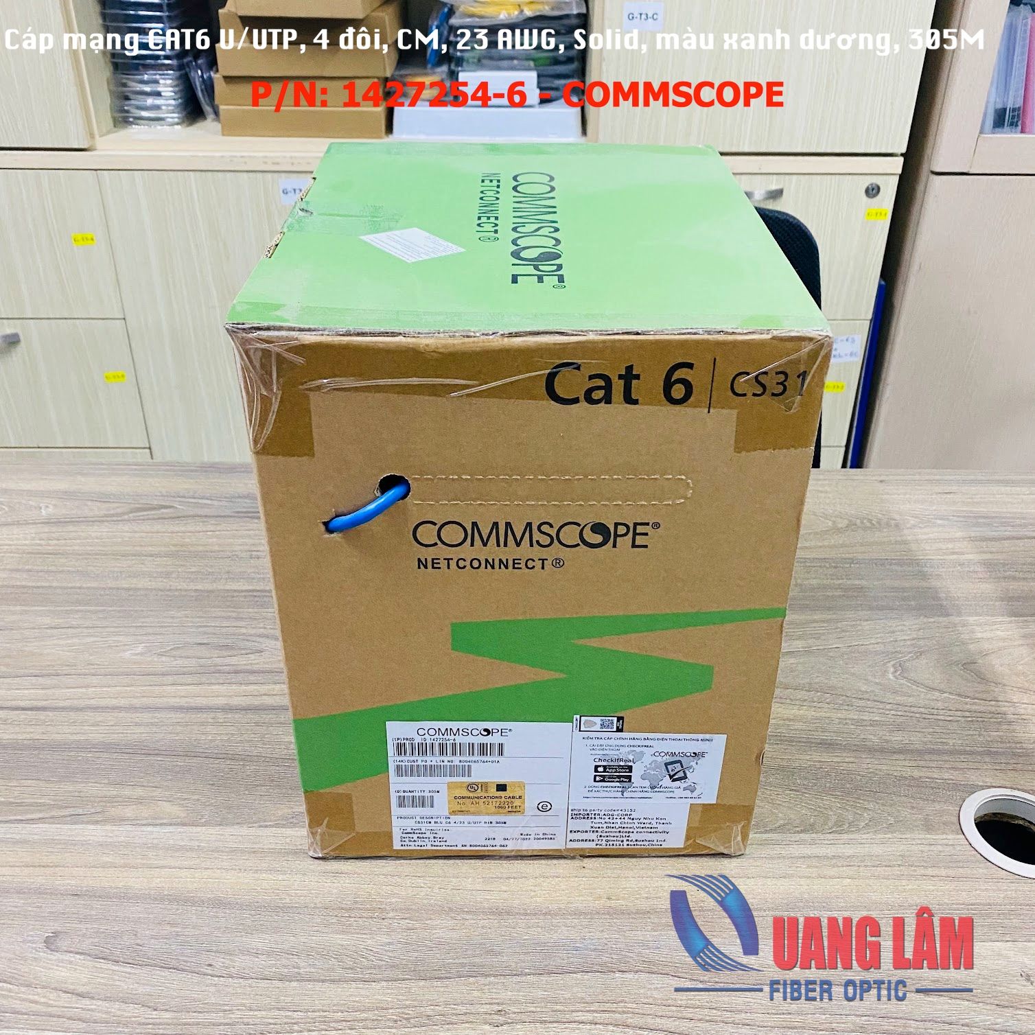 Cáp mạng CAT6 U/UTP, 4 đôi, CM, 23 AWG, Solid, màu xanh dương, 305M 1427254-6 - COMMSCOPE