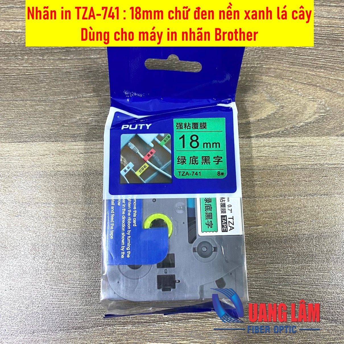 Nhãn in TZA-741, Loại tiêu chuẩn, Chữ đen trên nền xanh lá, Khổ 18mmx8M