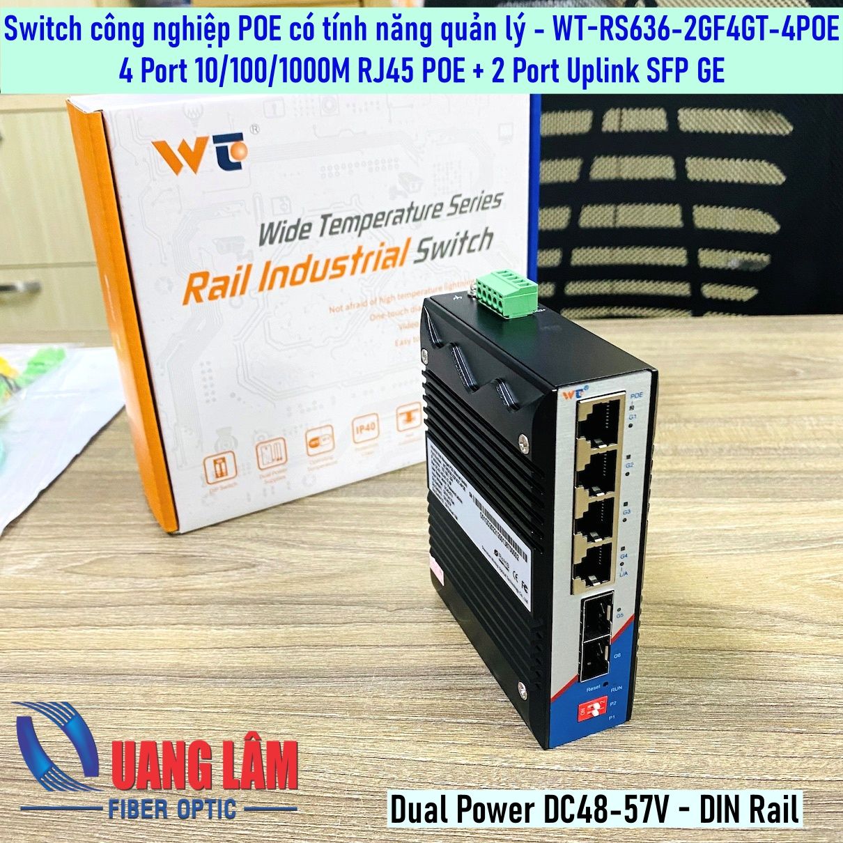 Switch công nghiệp có tính năng quản lý 4x10/100/1000M RJ45 POE AT + 2 SFP Slot GE, DIN Rail, Dual DC Power 48-57VDC, P/N: WT-RS636-2GF4GT-4POE