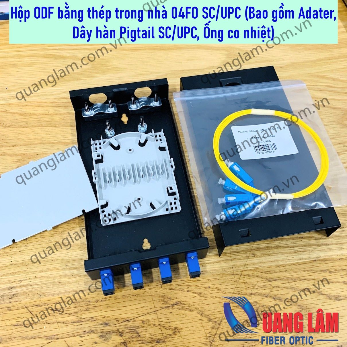 Hộp ODF bằng thép trong nhà SC/UPC 04FO SC/UPC Singlemode (Đầy đủ phụ kiện kèm Dây hàn Pigtail)