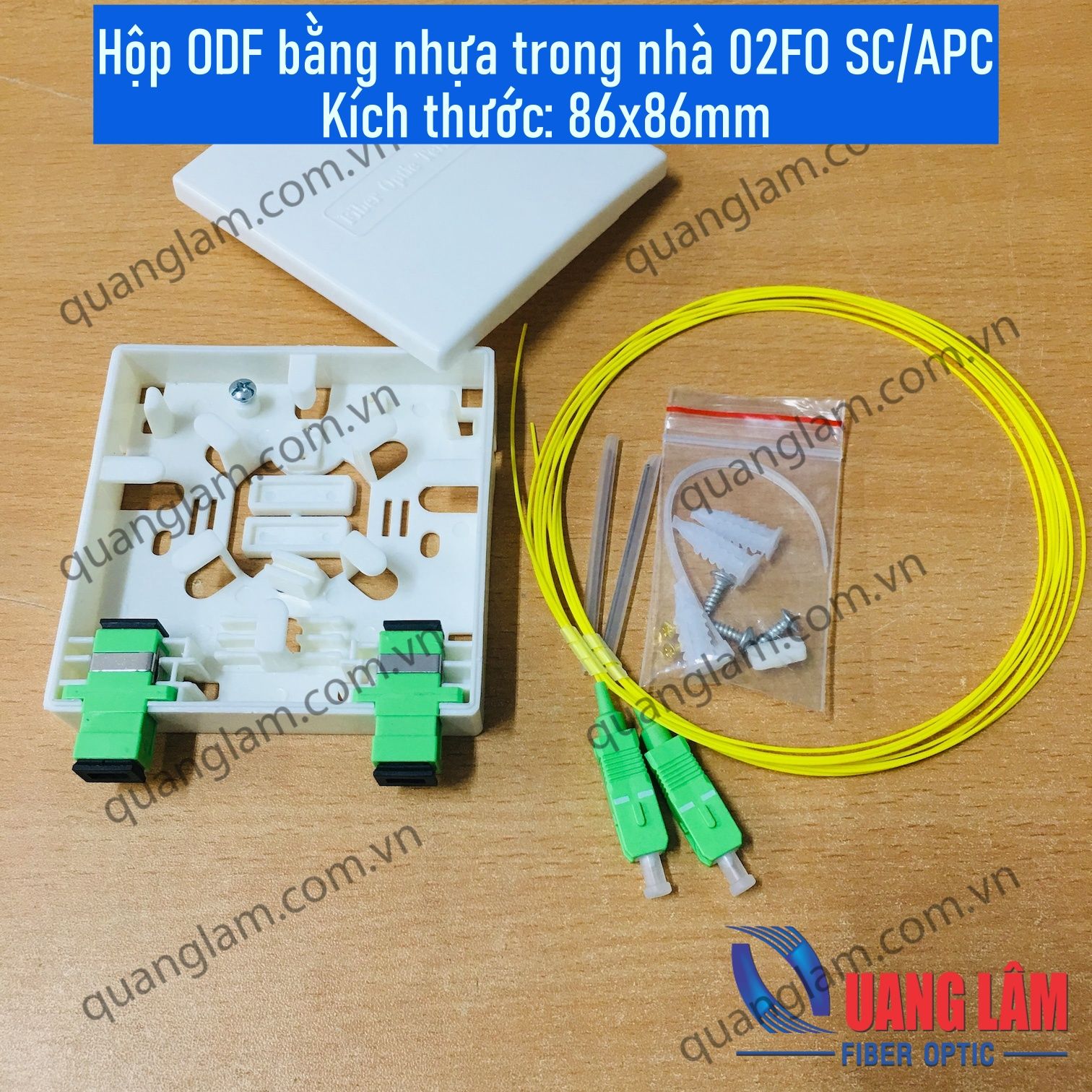 Hộp ODF bằng nhựa trong nhà 02FO SC/APC - Đầy đủ phụ kiện: 02 Adapter SC-APC+ 2 Dây hàn quang + 2 ỐNG co nhiệt