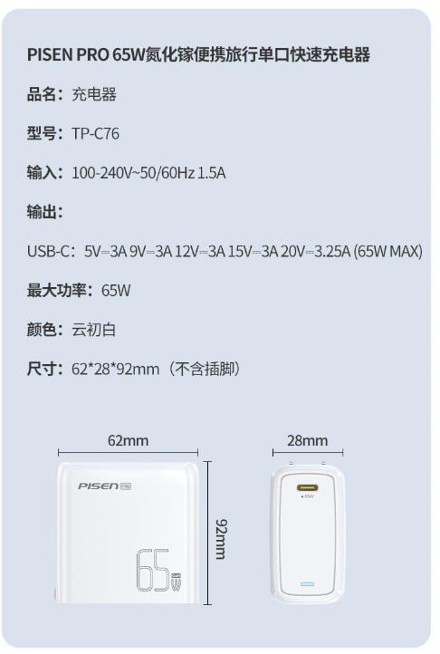 Cốc sạc siêu nhanh Pisen Pro chính hãng 65W 1 cổng Type C (Trắng)
