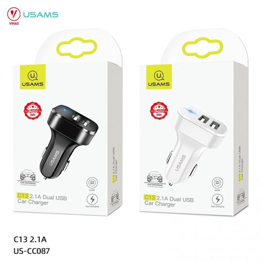 Sạc xe hơi 2 cổng USB USAMS C13 (Đen)