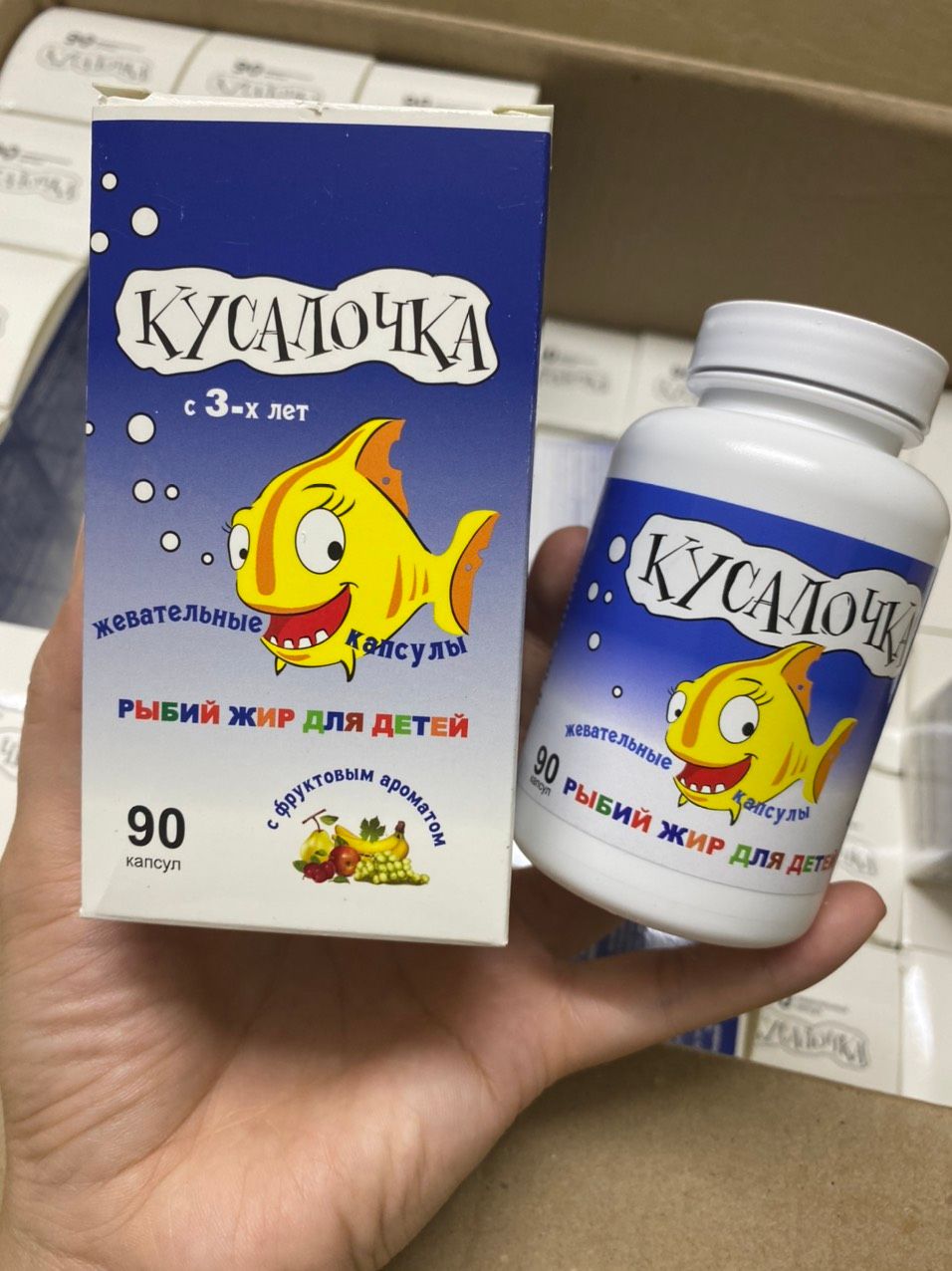 Dầu cá КУСАЛОЧКА của Nga cho trẻ em 60 viên nhai, mỗi viên 500 mg