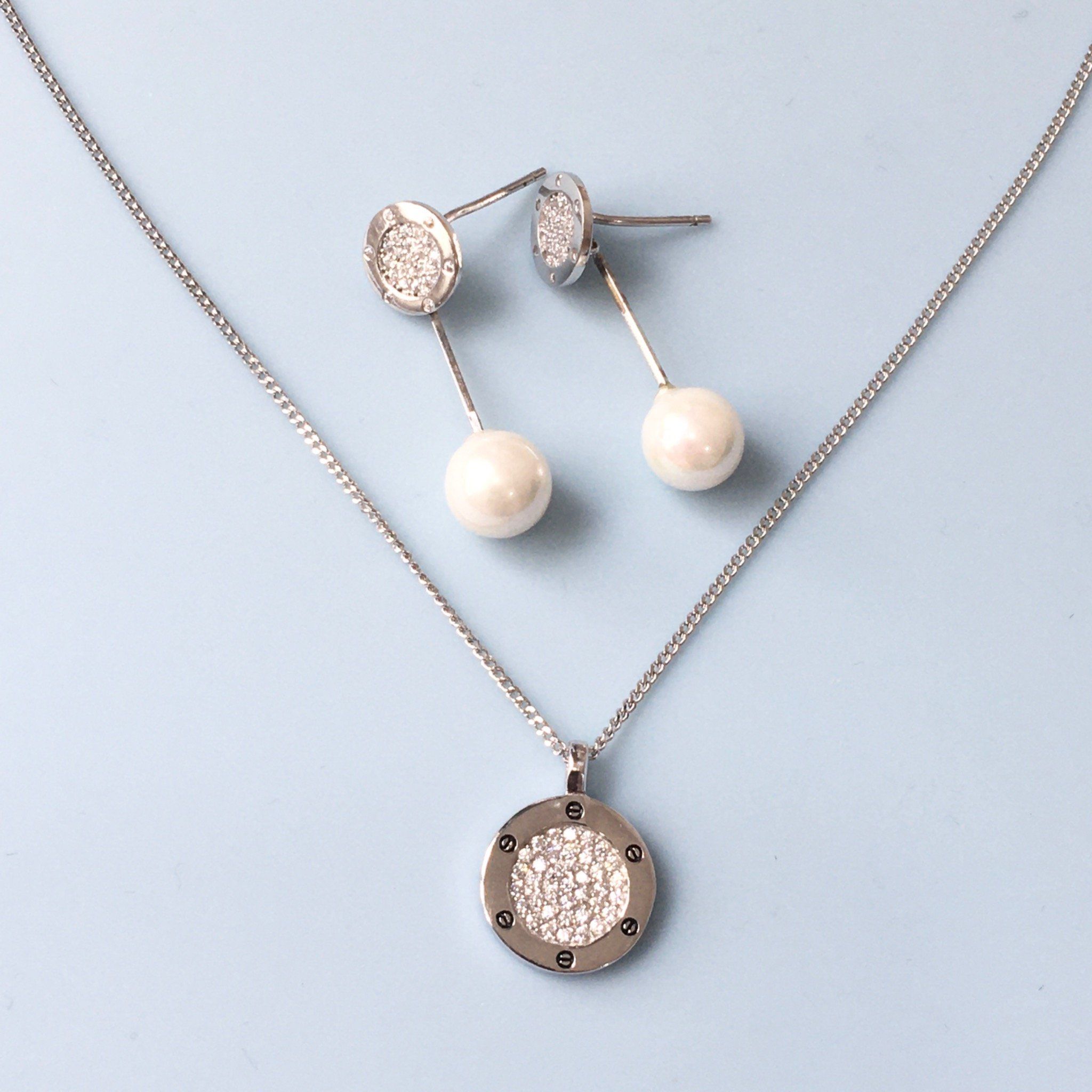 Bộ Trang Sức Bạc Cao Cấp - Cartier Ngọc Trai & Pha Lê Trắng