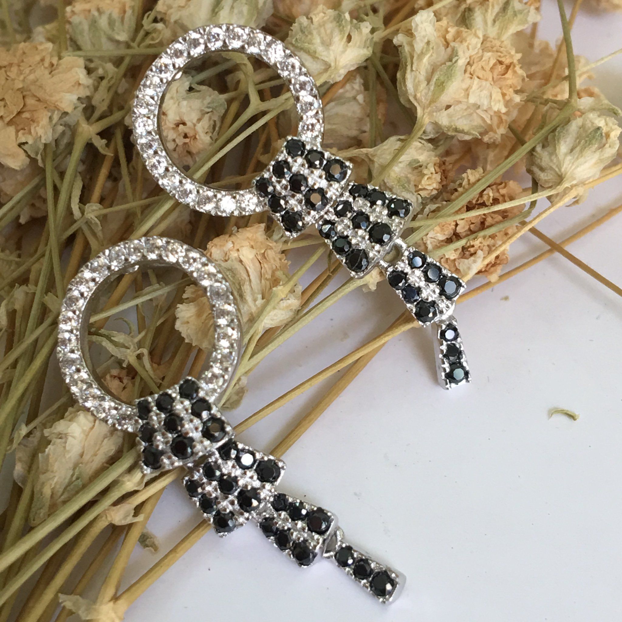 Bông Tai Bạc Cao Cấp - Vòng Tròn Pha Lê Trắng Đen (AN)