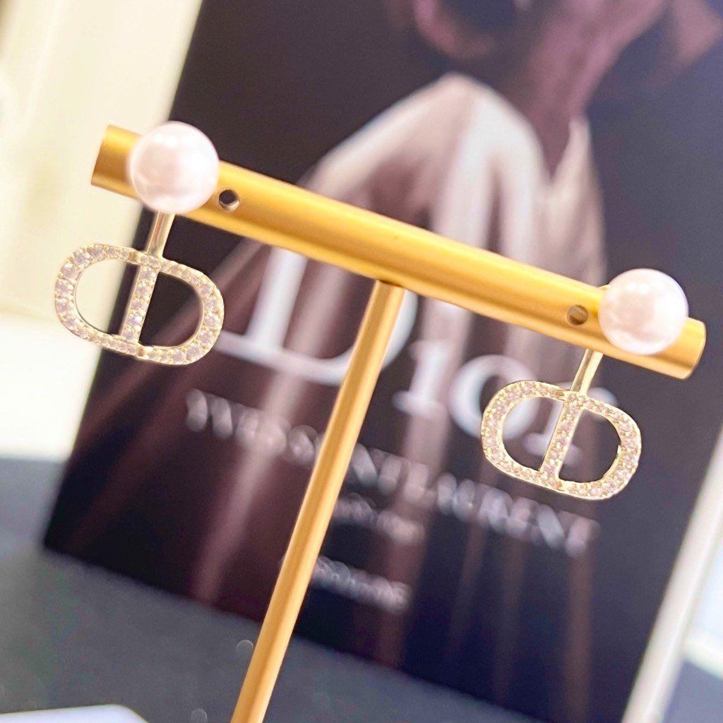 Bộ Trang Sức Dior Vàng - Vòng cổ Choker, Vòng Tay & Bông Tai Ngọc Trai, Pha Lê 3 Kiểu Đeo Quý Phái (AD)