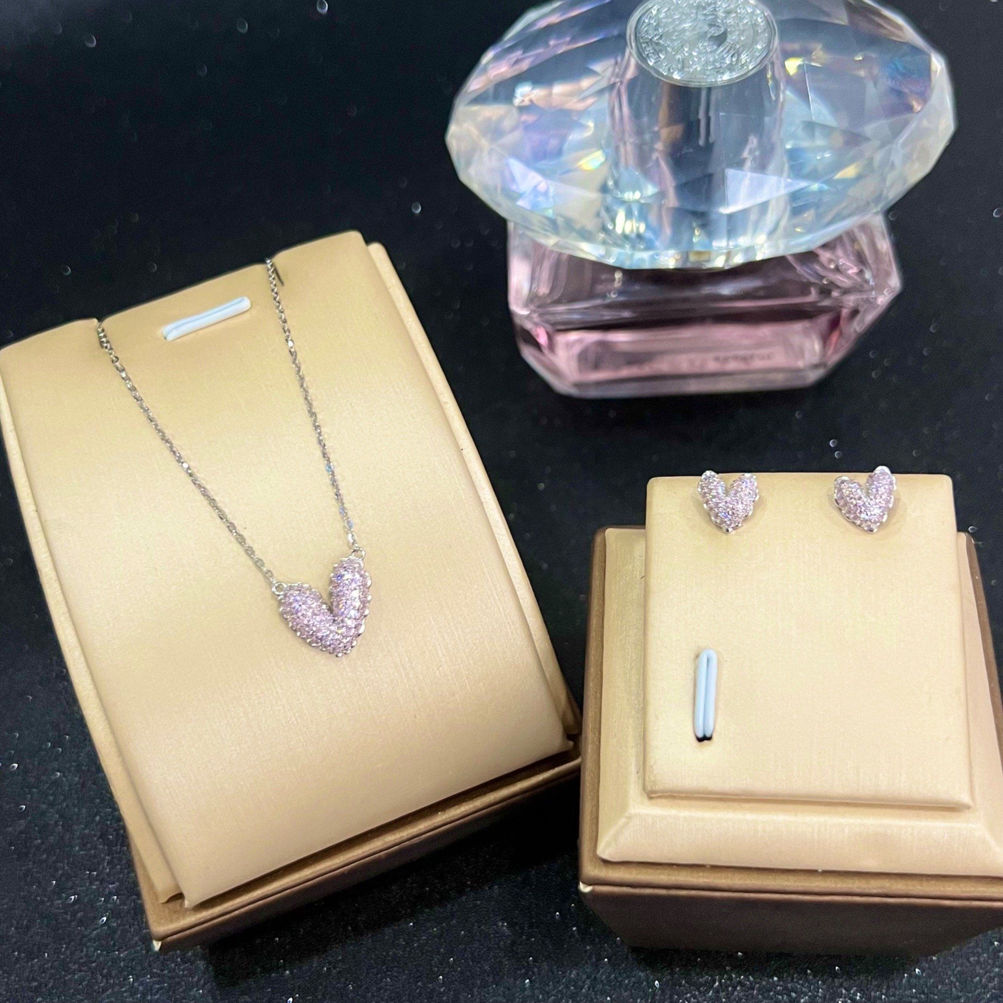 Bộ Trang Sức Bạc Cao Cấp - Dây Chuyền & Bông Tai Trái Tim Pha Lê Hồng (AF)