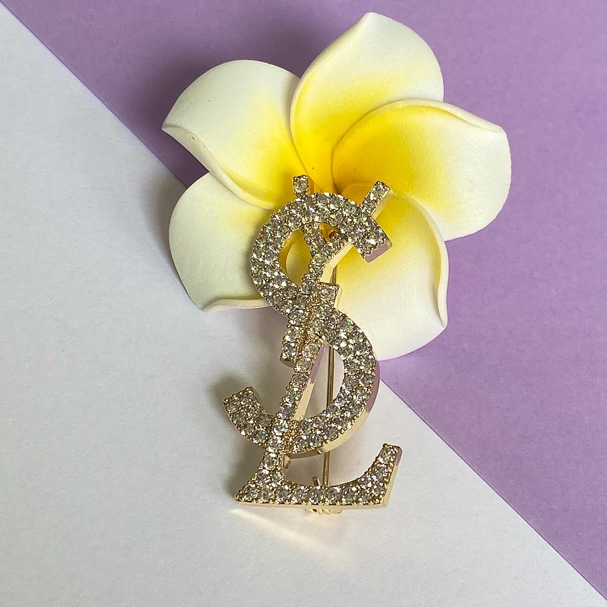 Cài Áo Nam, Nữ - YSL Màu Vàng Pha Lê Trắng (AF)