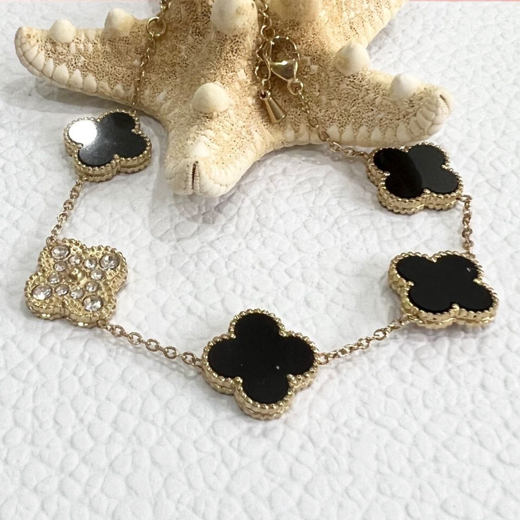 Bộ Trang Sức Cỏ 4 Lá May Mắn Vàng Đen Size 1cm - Dây Chuyền, Vòng Tay & Bông Tai Pha Lê (AP)