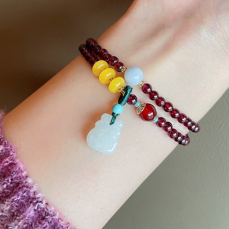 Vòng Tay Phong Thuỷ Cao Cấp - Túi Tiền Đá Ngọc Bích, Đá Garnet Ngọc Hồng Lựu, Đá Aquamarine Xanh Biển, Đá Sáp Ong Vàng & Đá Mã Não Đỏ Thiên Nhiên 2 Vòng Tài Lộc