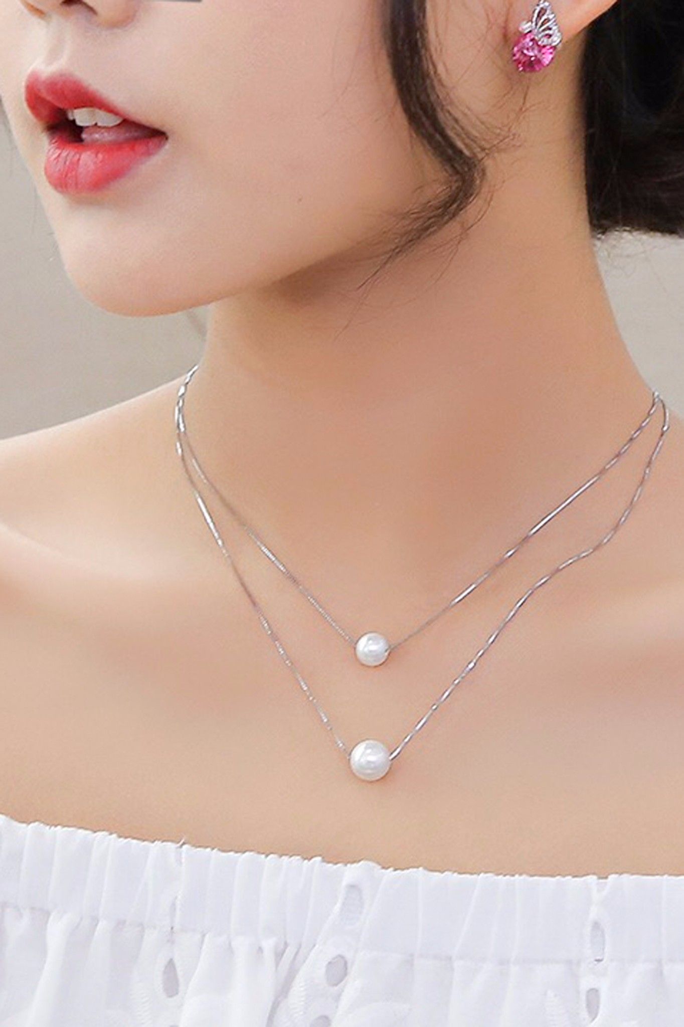 DÂY CHUYỀN NGẮN - 2 HẠT NGỌC TRẮNG 2 TẦNG (AA)